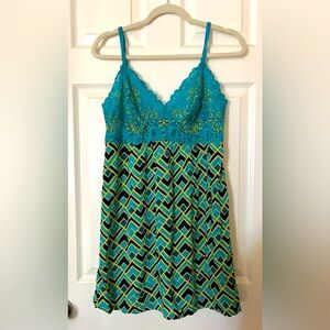 Natori Josie M slip chemise lace teal blue yellow black